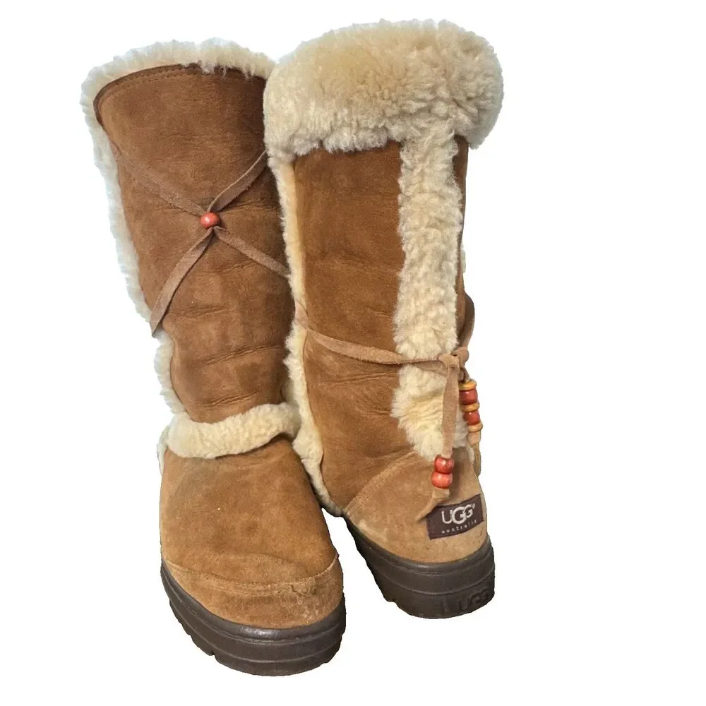 UGG Australia Womens 9 Chestnut Sheepskin Tall Boots Boho Rare Vintage